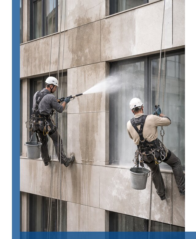 Послестроительная мойка фасада промышленным альпинизмом в Бирске