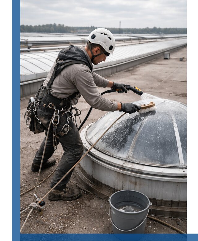 Мойка зенитных фонарей на кровле для промышленных объектов в Бирске