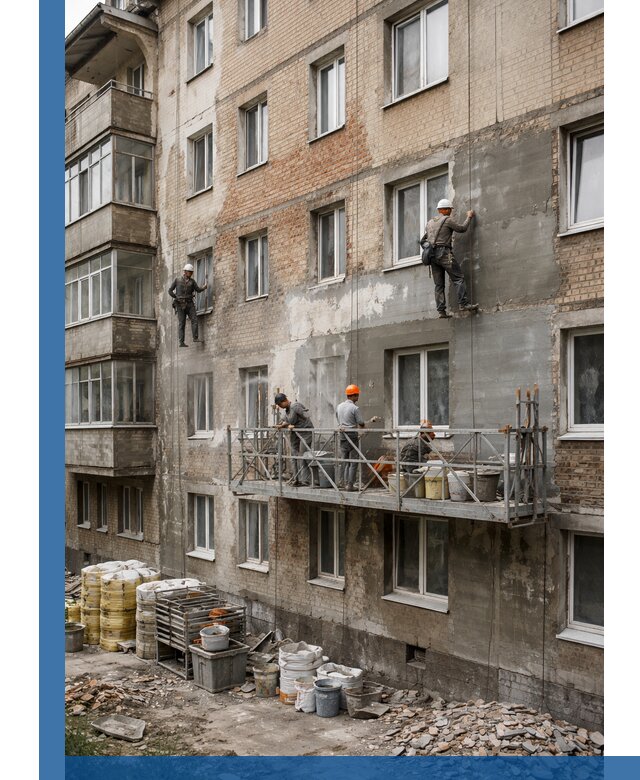 Капитальный ремонт фасада в Бирске с восстановлением и гидроизоляцией