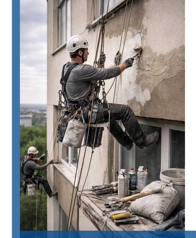 Косметический ремонт фасада зданий в Бирске промышленными альпинистами