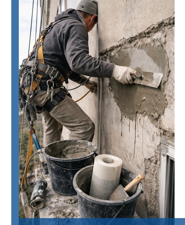 Ремонт бетонных элементов фасада промышленными альпинистами в Бирске