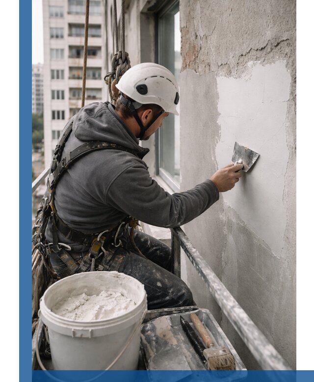 Шпаклевка фасадов на высоте с промальпинистами в Бирске