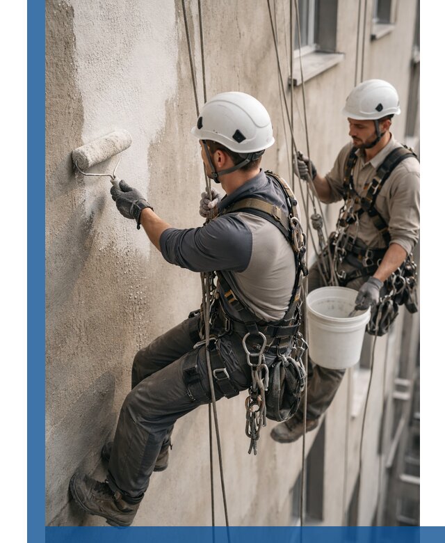 Грунтовка фасада на высоте в Бирске промышленными альпинистами