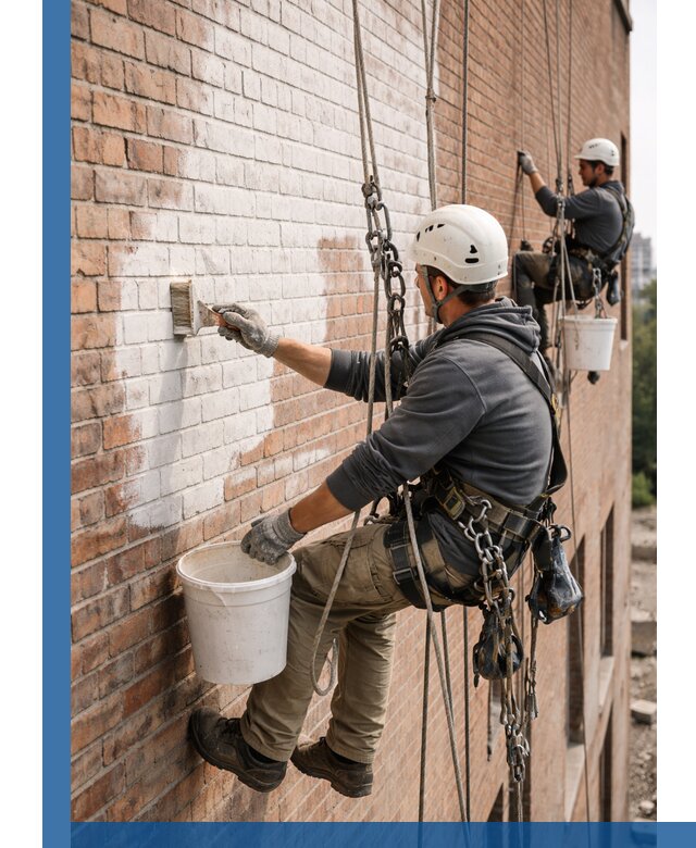 Покраска кирпичного фасада с доступным альпинистским сервисом в Бирске