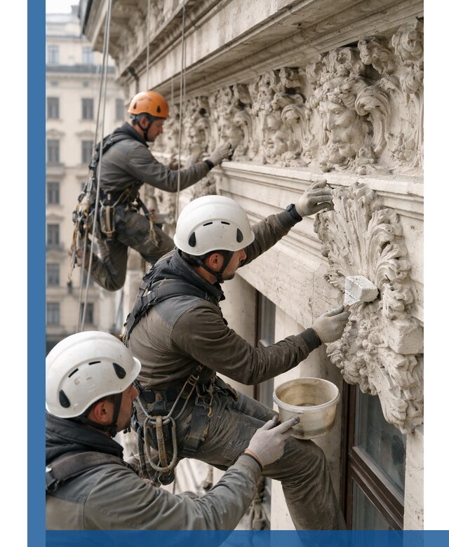 Реставрация фасадной лепнины с высотными работами в Бирске