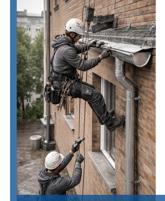 Монтаж водосточной системы на здании в Бирске под ключ