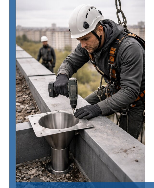 Монтаж водосточных воронок в Бирске для промышленных зданий