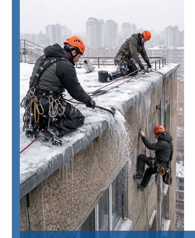 Удаление наледи с кровли в Бирске промышленными альпинистами