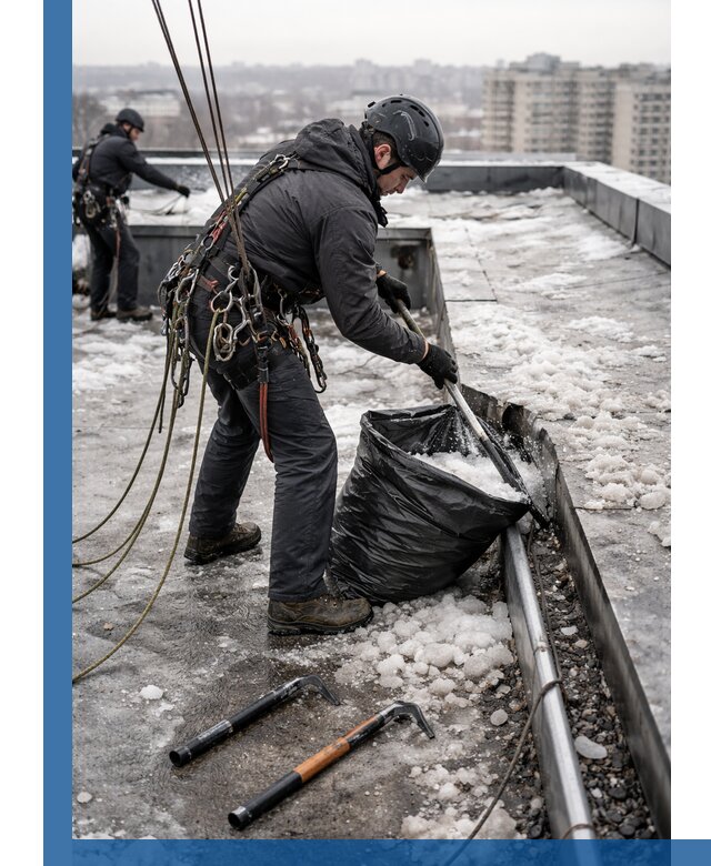 Аварийная очистка кровли в Бирске от промальпинистов