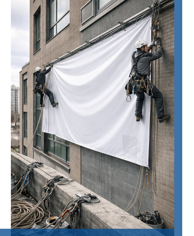 Монтаж баннеров на фасаде в Бирске от 676 р. заказать ВЫСОТНИК-Брк