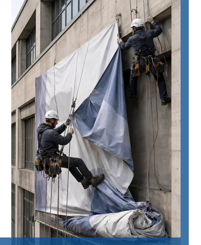 Демонтаж баннеров с фасада в Бирске от 4677 р. | ВЫСОТНИК-Брк