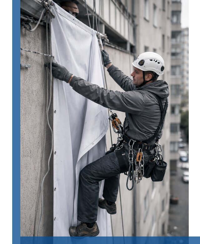 Замена баннерного полотна промышленными альпинистами в Бирске