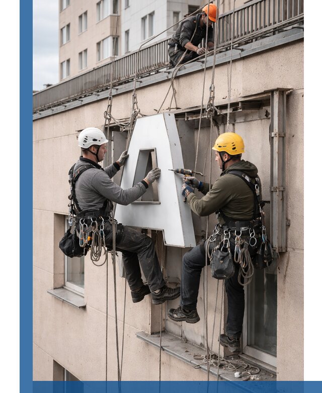 Ремонт и восстановление наружных вывесок на высоте в Бирске