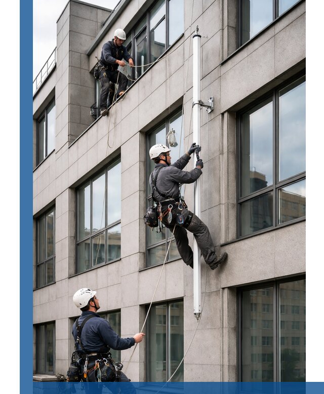 Монтаж флагштока на фасаде здания с креплением и герметикой в Бирске