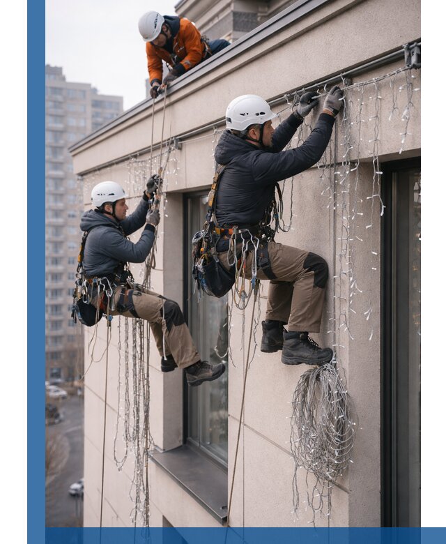 Монтаж праздничных гирлянд на фасаде в Бирске для зданий