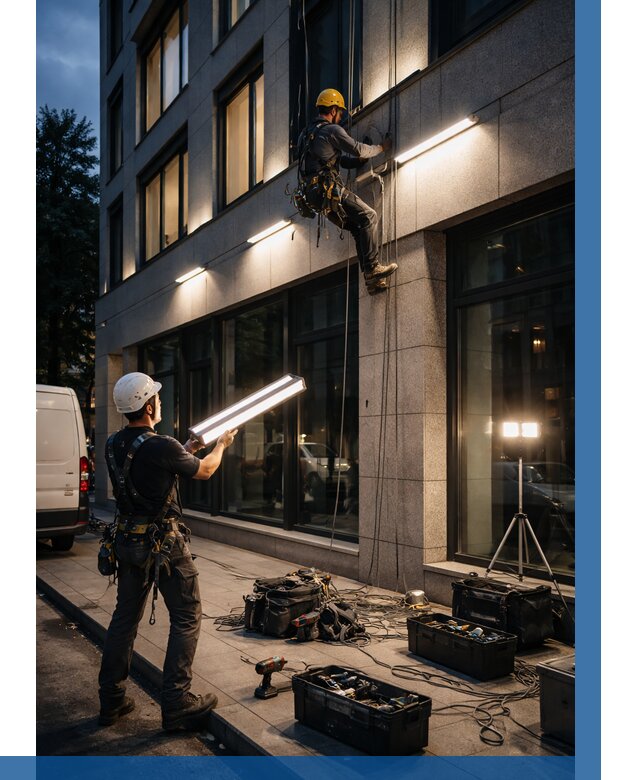 Монтаж архитектурной подсветки здания в Бирске от 2599 р.|ВЫСОТНИК-Брк