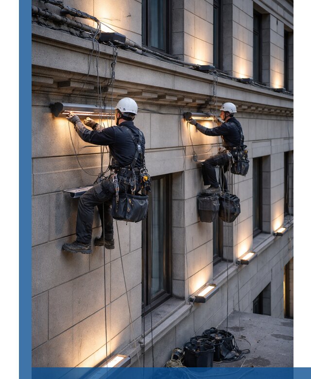 Монтаж архитектурной подсветки фасадов зданий в Бирске