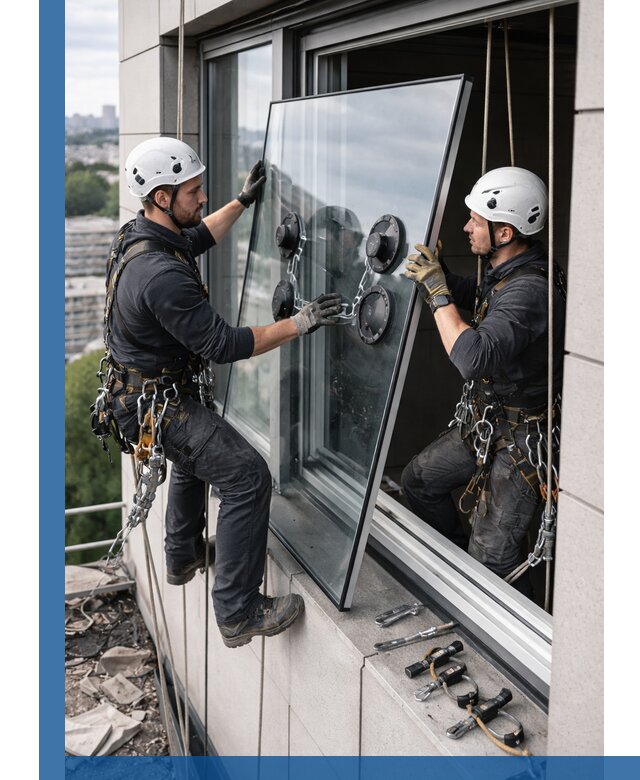 Замена стеклопакетов на высоте с промышленными альпинистами в Бирске