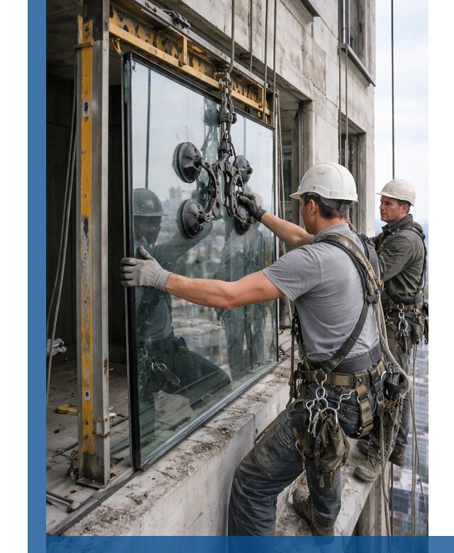 Монтаж стеклопакетов на высоте в Бирске с промышленным альпинизмом