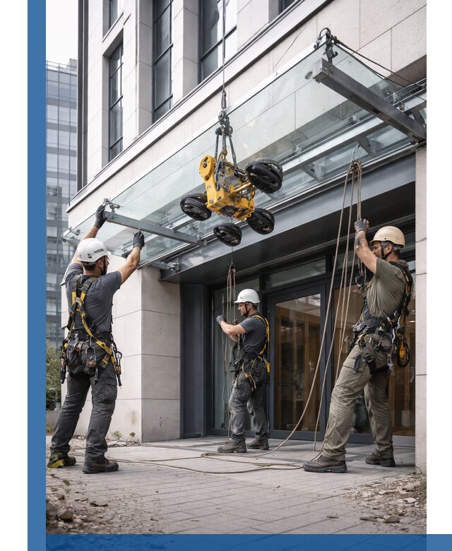 Монтаж стеклянных козырьков под ключ в Бирске для зданий