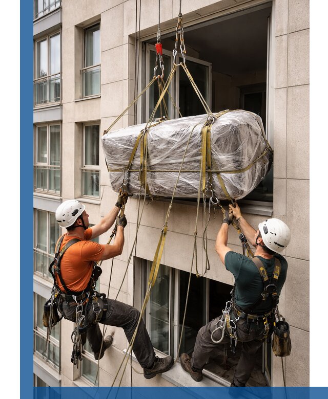 Подъем грузов через окно в Бирске промышленными альпинистами