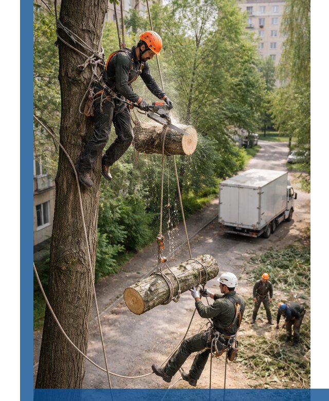 Спил деревьев альпинистами в Бирске, безопасно и без повреждений